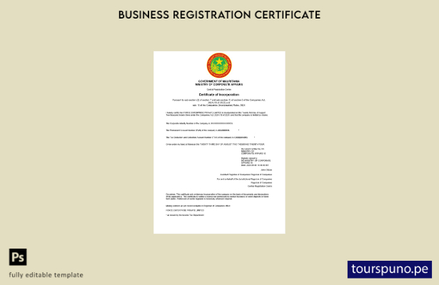 listo para imprimir Certificado de registro empresarial de Mauritania Plantilla 